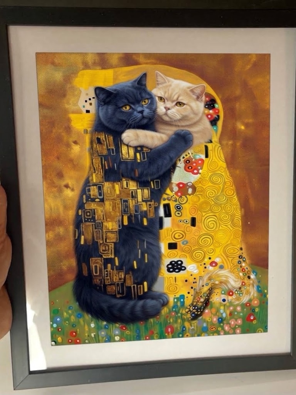 Framed Cat Version of Klimt’s “The Kiss” , British Shorthairs 10x12